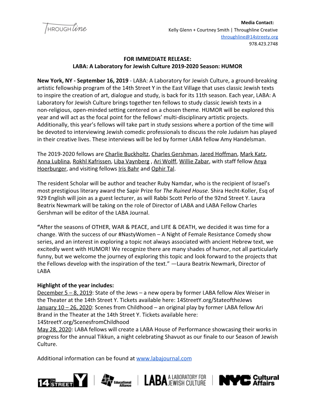 FOR IMMEDIATE RELEASE: LABA: a Laboratory for Jewish Culture 2019-2020 Season: HUMOR