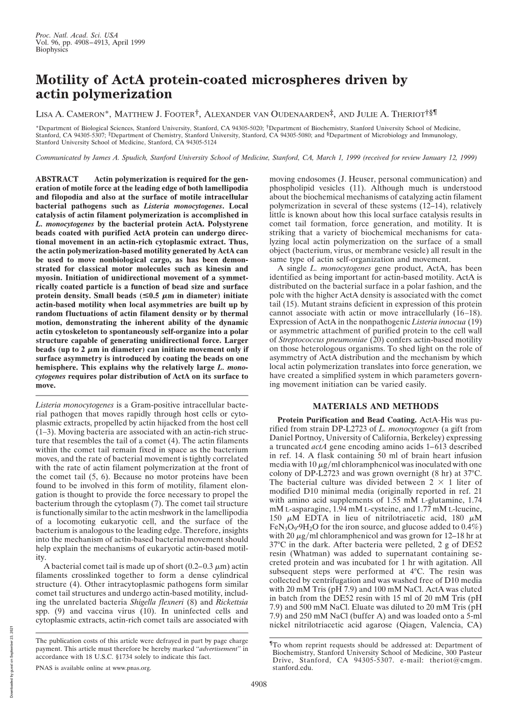 Motility of Acta Protein-Coated Microspheres Driven by Actin Polymerization