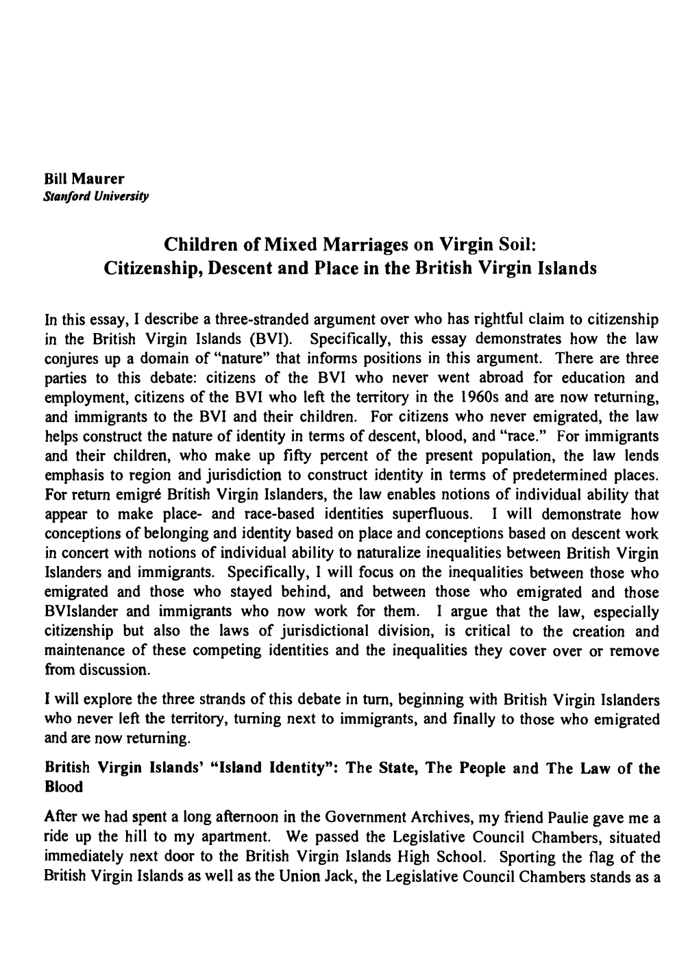 Citizenship, Descent and Place in the British Virgin Islands