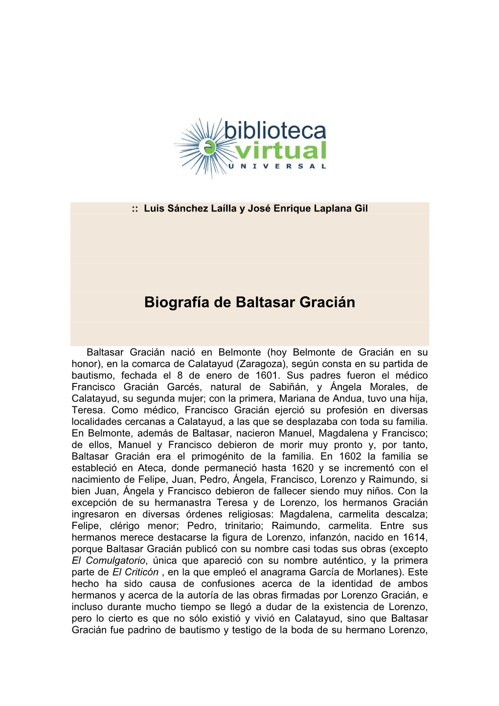 Biografía De Baltasar Gracián