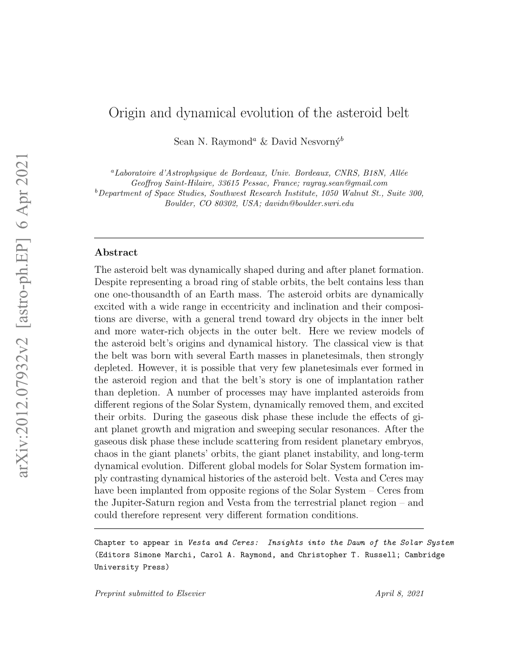 Origin and Dynamical Evolution of the Asteroid Belt