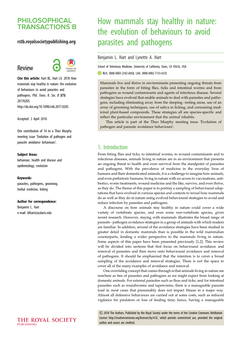 How Mammals Stay Healthy in Nature: the Evolution of Behaviours to Avoid Rstb.Royalsocietypublishing.Org Parasites and Pathogens