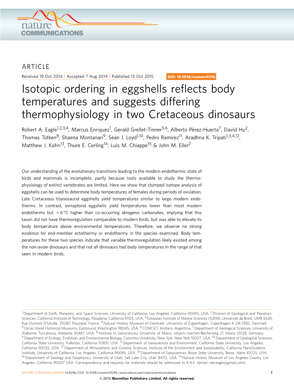 Isotopic Ordering in Eggshells Reflects Body Temperatures And