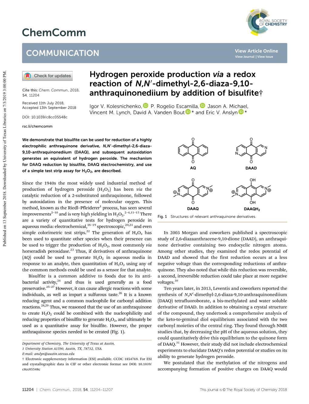 Hydrogen Peroxide Production Via a Redox Reaction of N,N&