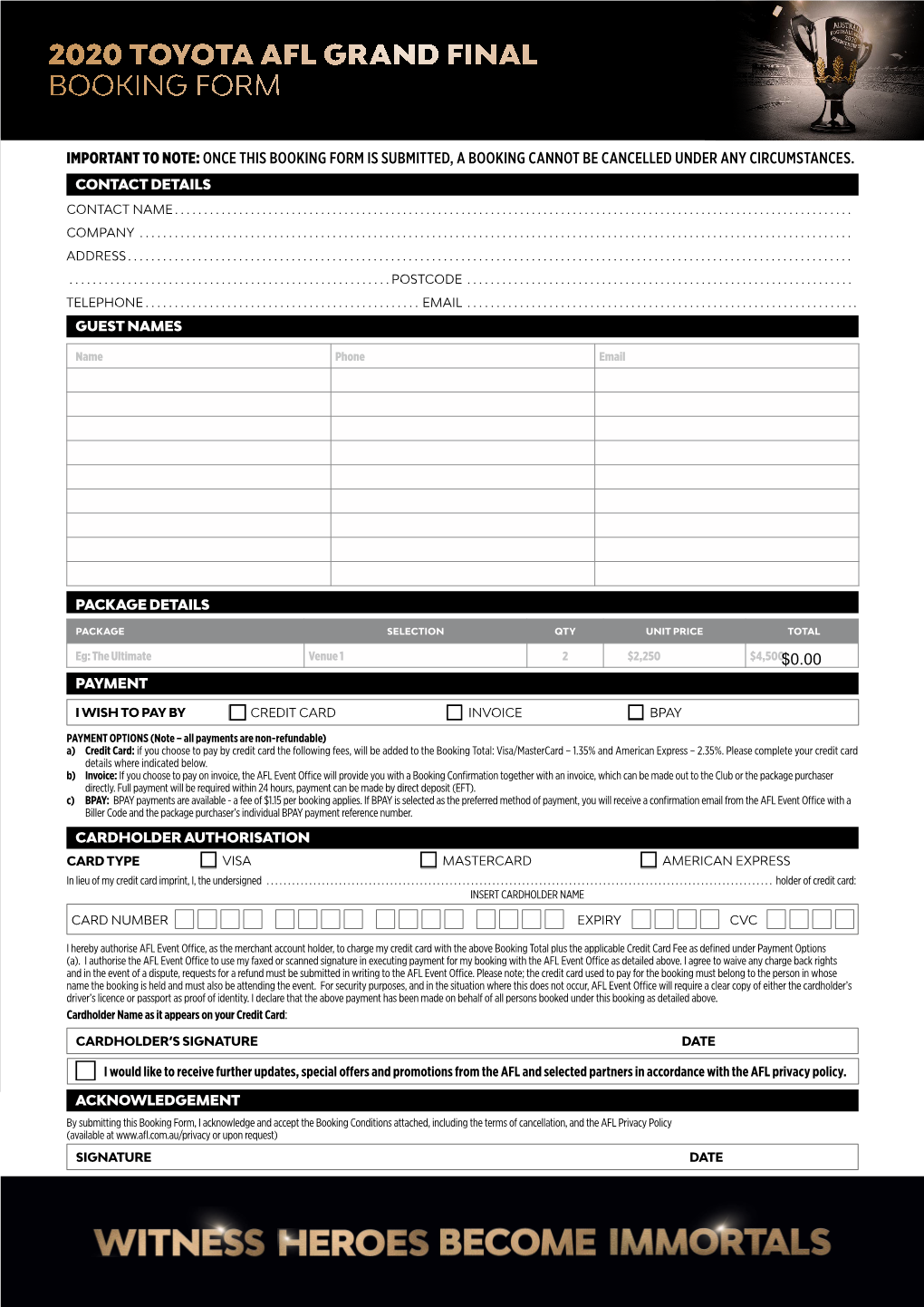 2020 Toyota Afl Grand Final Booking Form