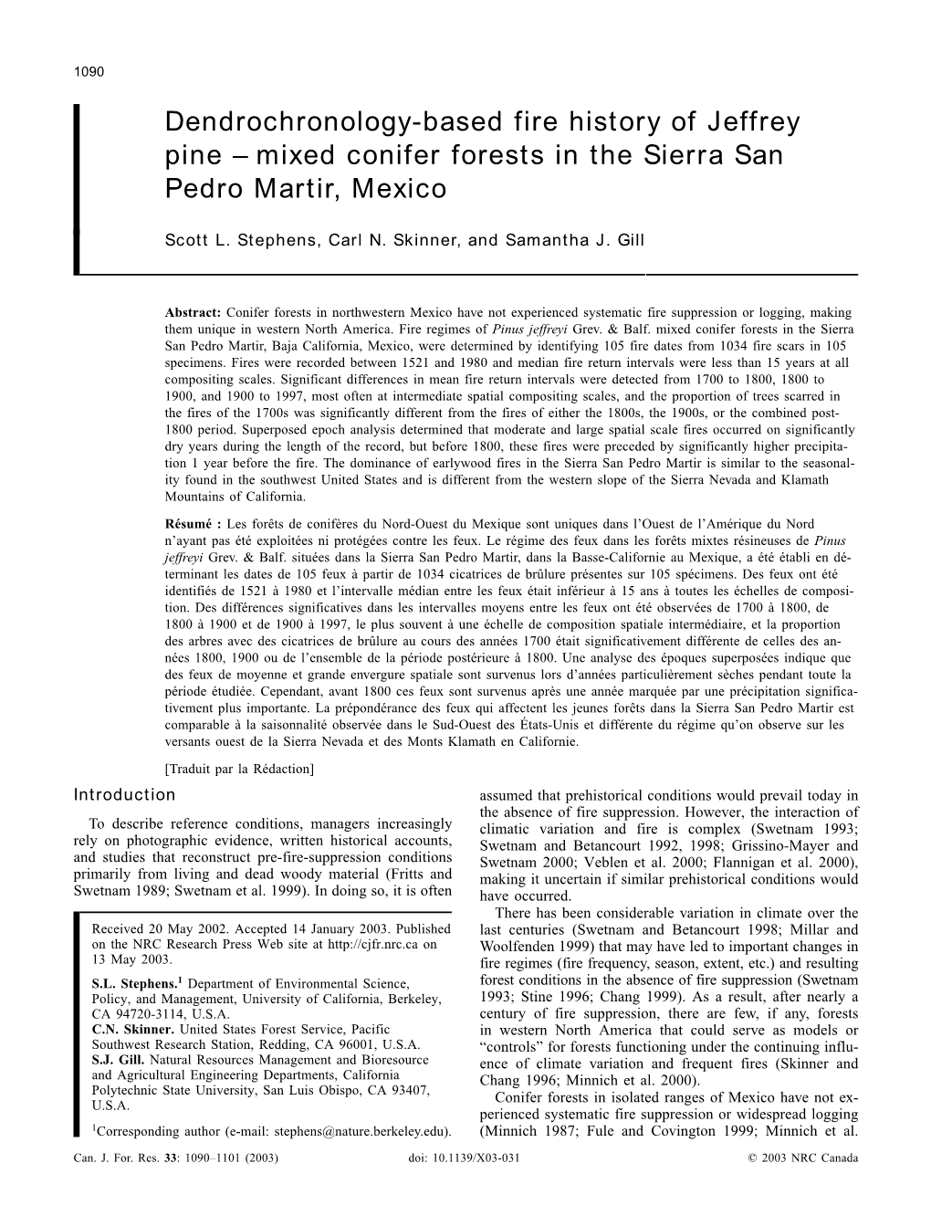 Dendrochronology-Based Fire History of Jeffrey Pine – Mixed Conifer Forests in the Sierra San Pedro Martir, Mexico