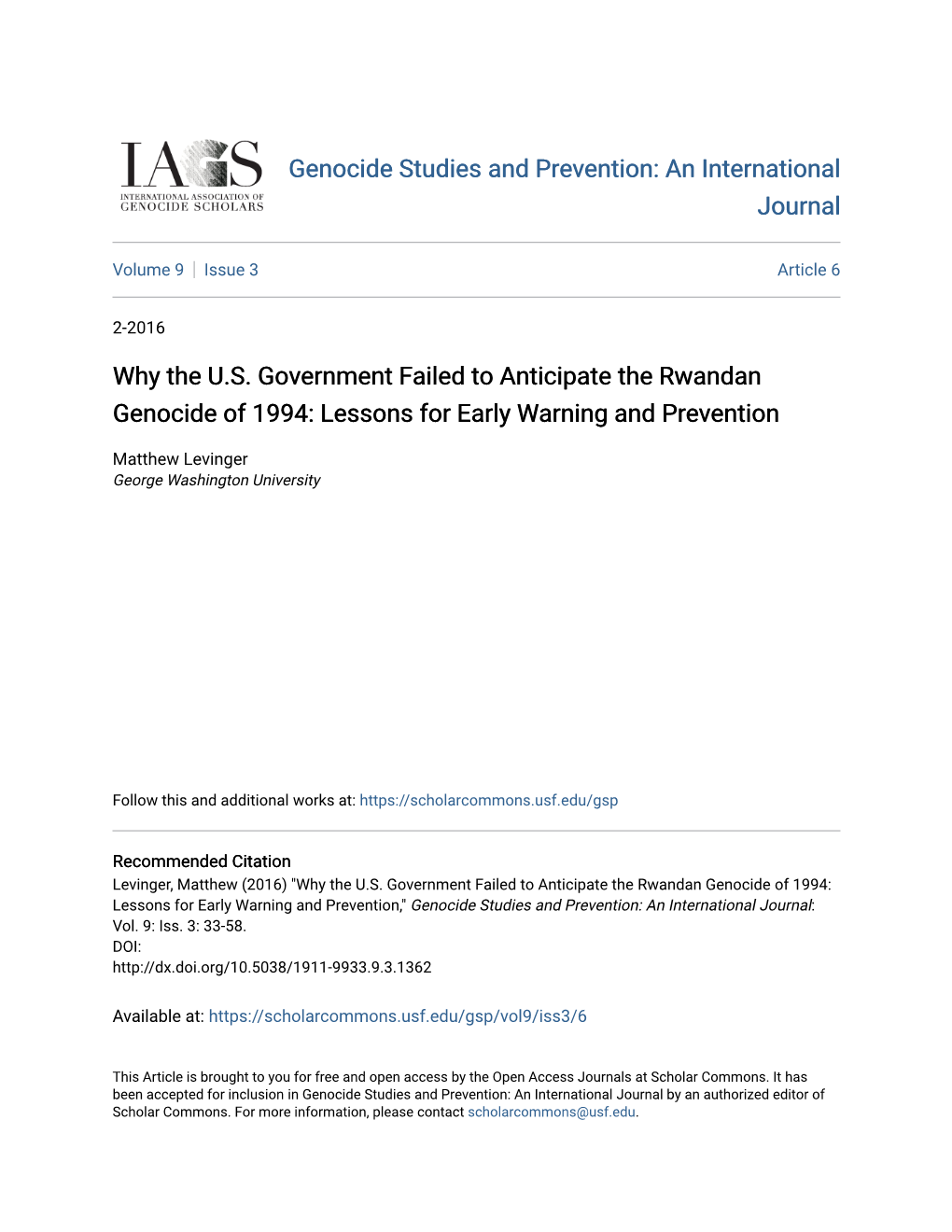 Why the U.S. Government Failed to Anticipate the Rwandan Genocide of 1994: Lessons for Early Warning and Prevention