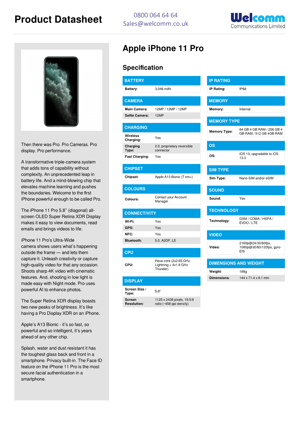 Product Datasheet Sales@Welcomm.Co.Uk