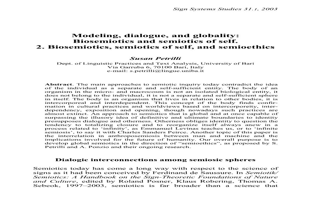 Modeling, Dialogue, and Globality: Biosemiotics and Semiotics of Self. 2