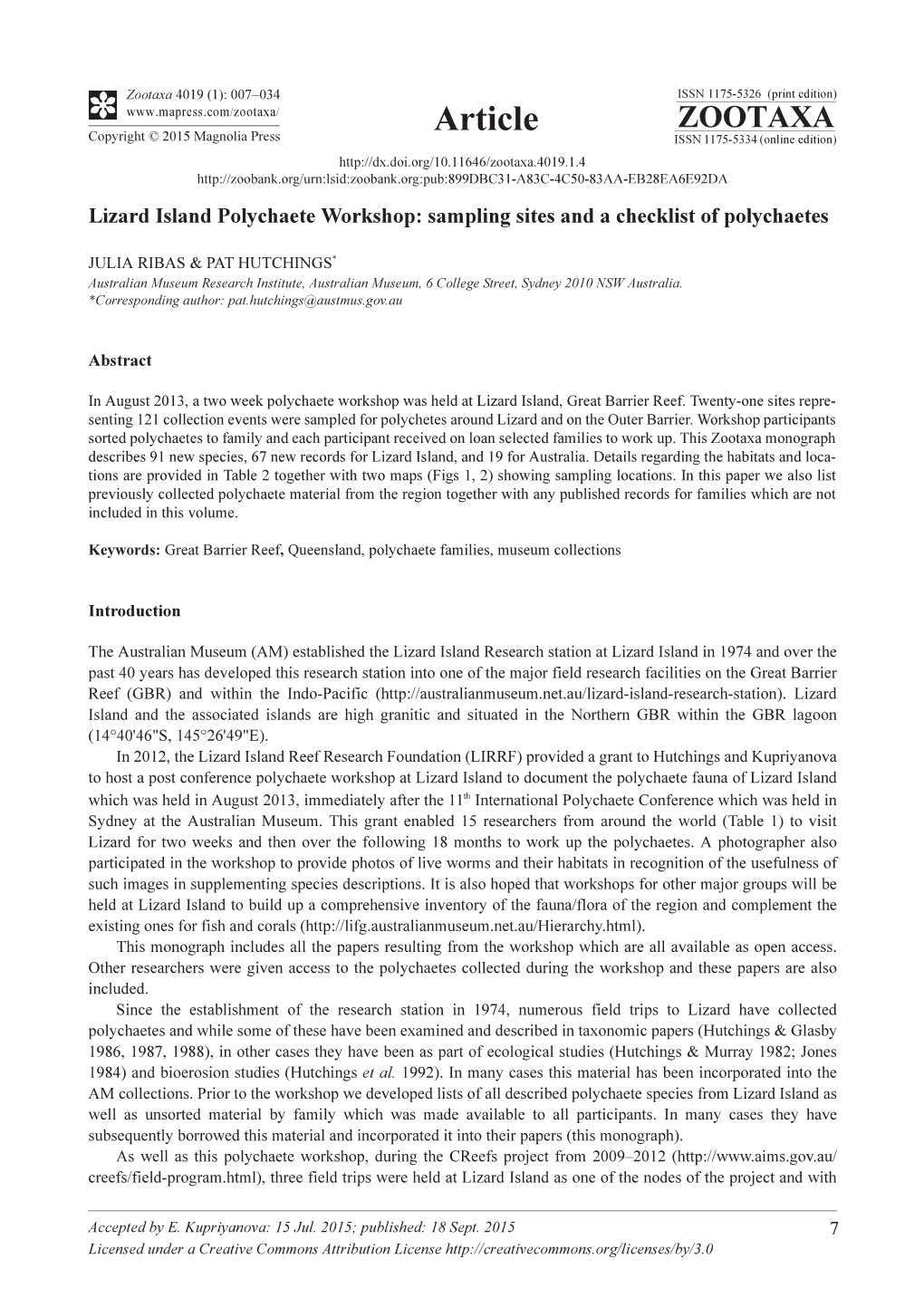 Lizard Island Polychaete Workshop: Sampling Sites and a Checklist of Polychaetes