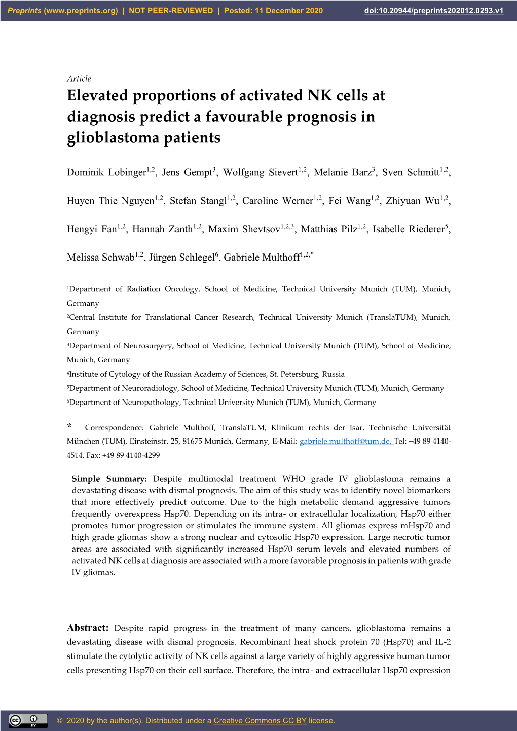 Elevated Proportions of Activated NK Cells at Diagnosis Predict a Favourable Prognosis in Glioblastoma Patients