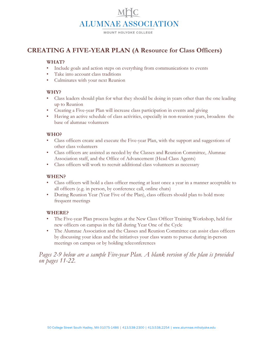 FIVE-YEAR PLAN (A Resource for Class Officers)
