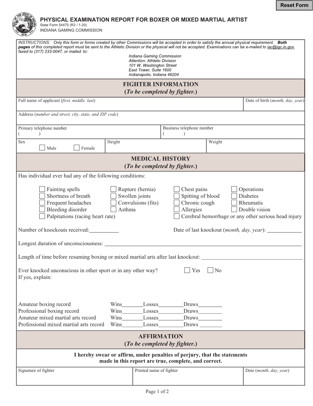 PHYSICAL EXAMINATION REPORT for BOXER OR MIXED MARTIAL ARTIST State Form 54475 (R2 / 1-20) INDIANA GAMING COMMISSION