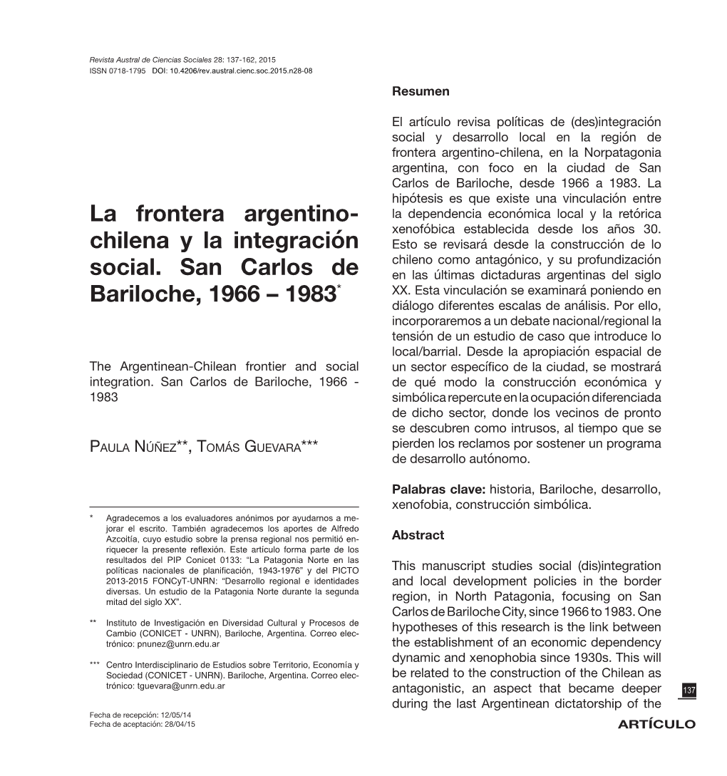La Frontera Argentino-Chilena Y La Integración Social: San Carlos De