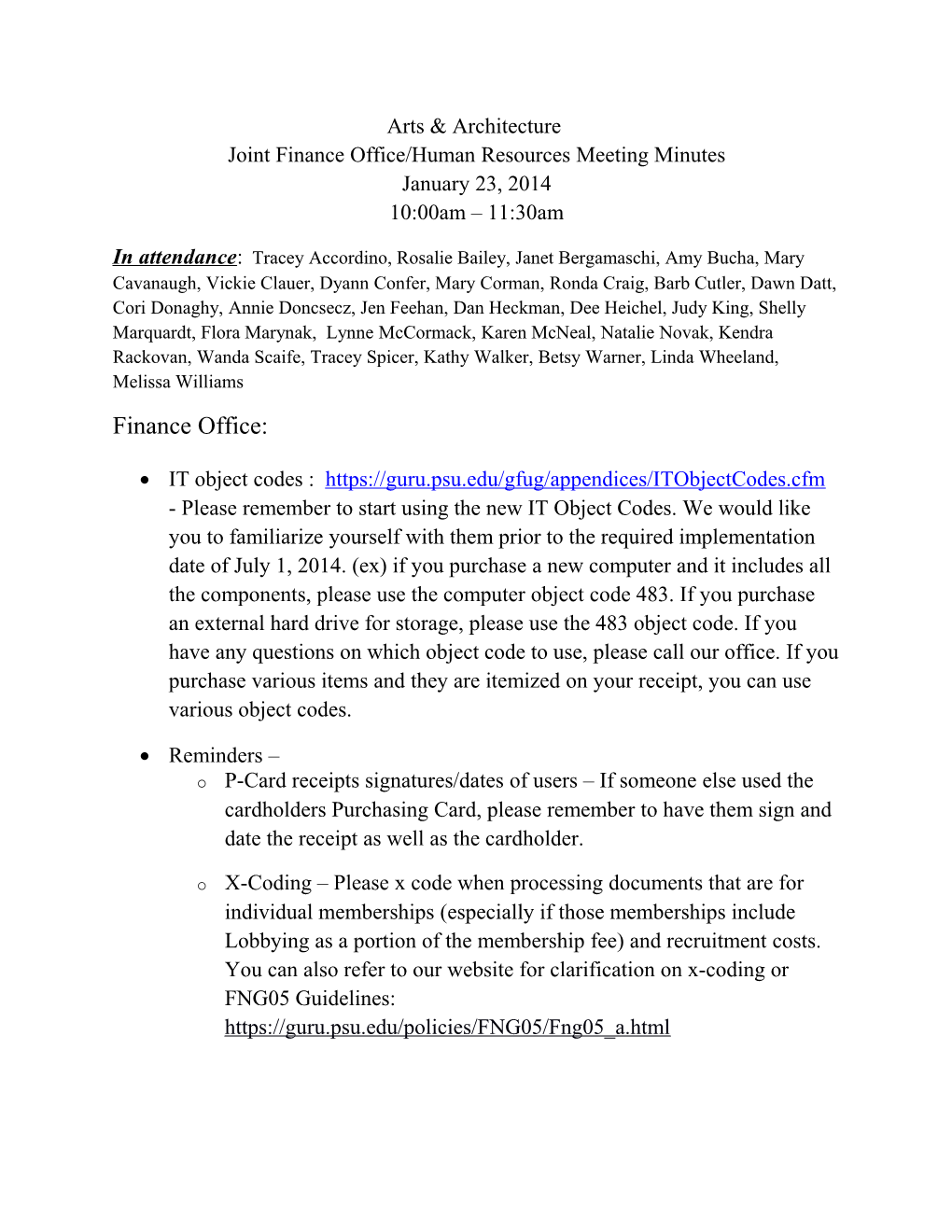 Joint Finance Office/Human Resources Meeting Minutes