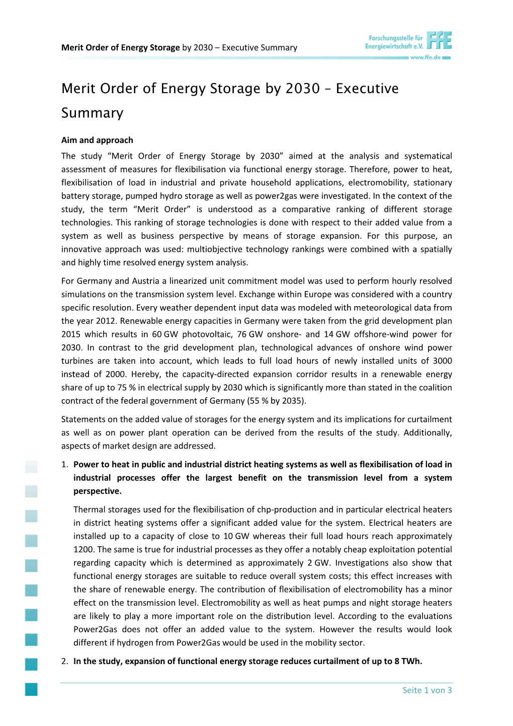 Merit Order of Energy Storage by 2030 – Executive Summary