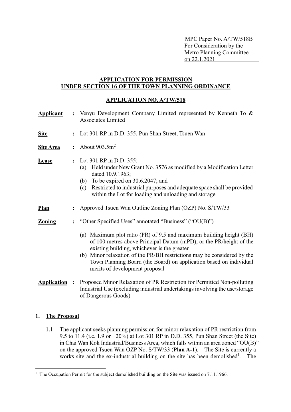 MPC Paper No. A/TW/518B for Consideration by the Metro Planning Committee on 22.1.2021