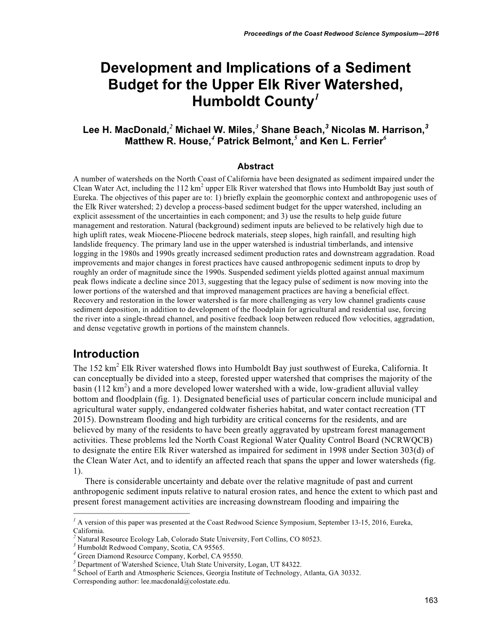 Development and Implications of a Sediment Budget for the Upper Elk River Watershed, Humboldt County1