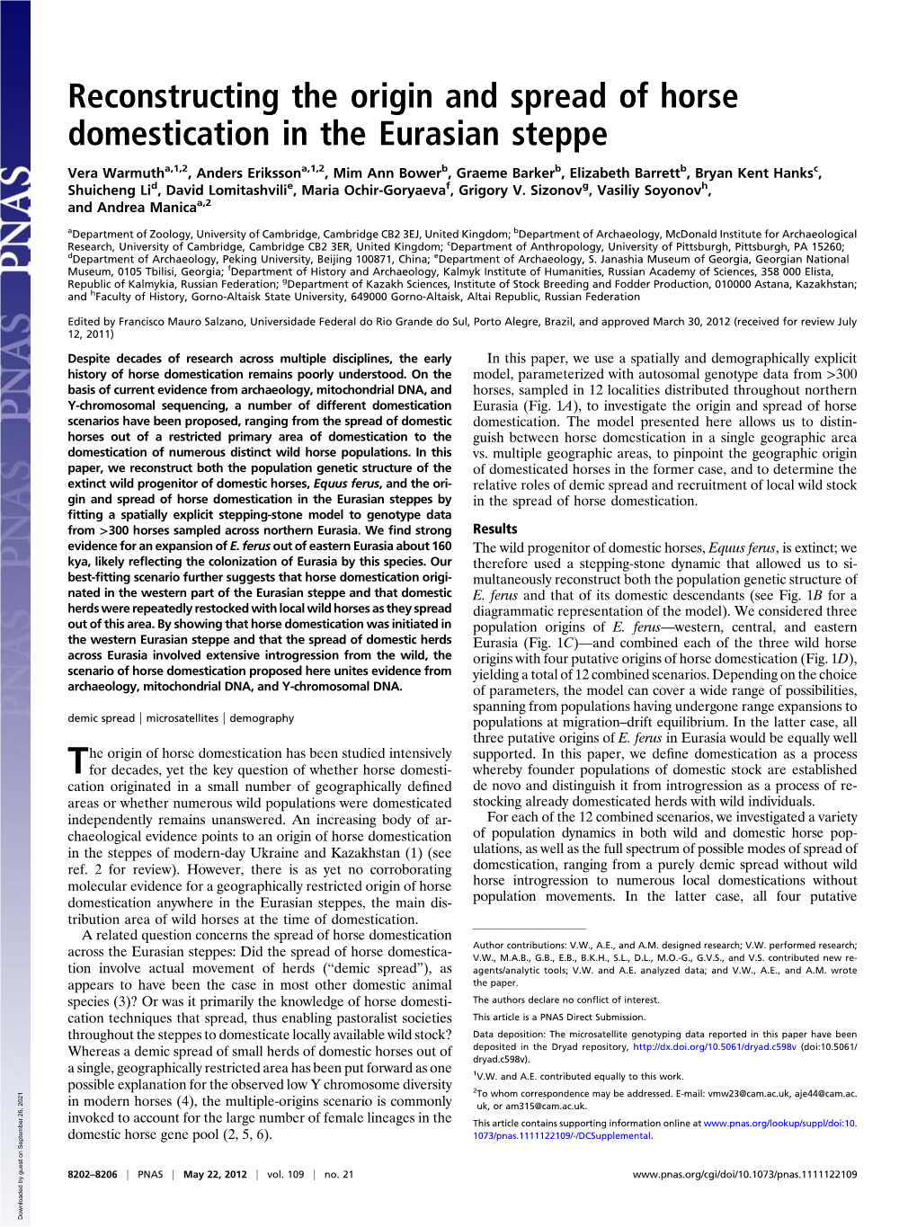 Reconstructing the Origin and Spread of Horse Domestication in the Eurasian Steppe