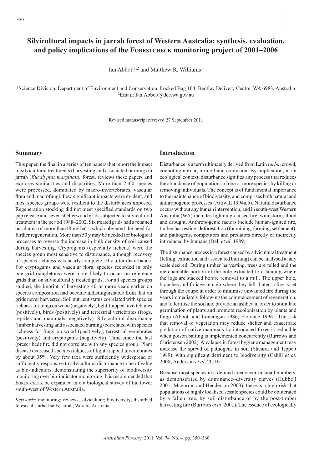 Silvicultural Impacts in Jarrah Forest of Western Australia