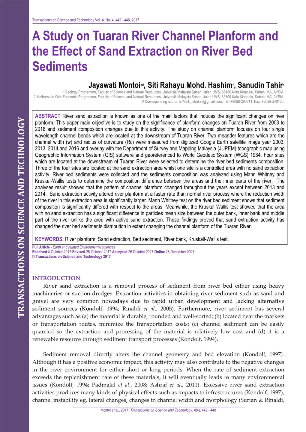 A Study on Tuaran River Channel Planform and the Effect of Sand Extraction on River Bed Sediments