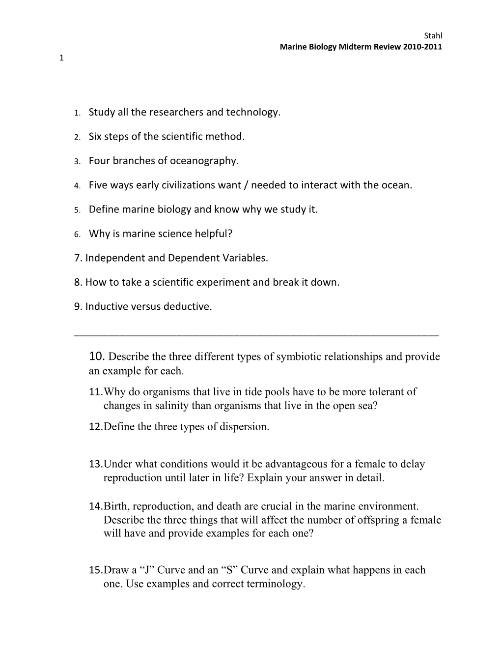 Marine Biology Midterm Review 2010-2011