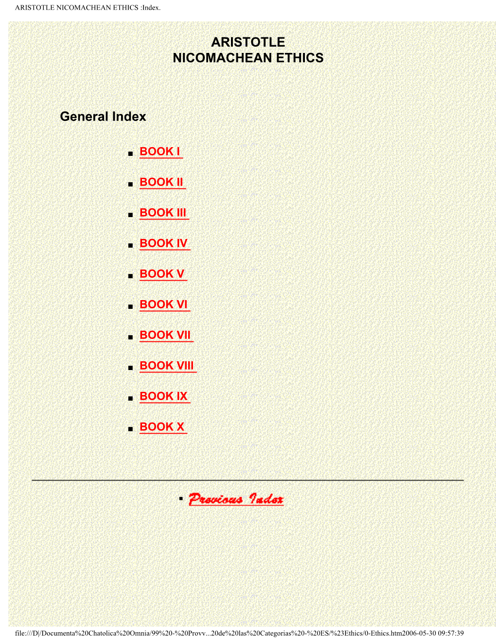 ARISTOTLE NICOMACHEAN ETHICS :Index