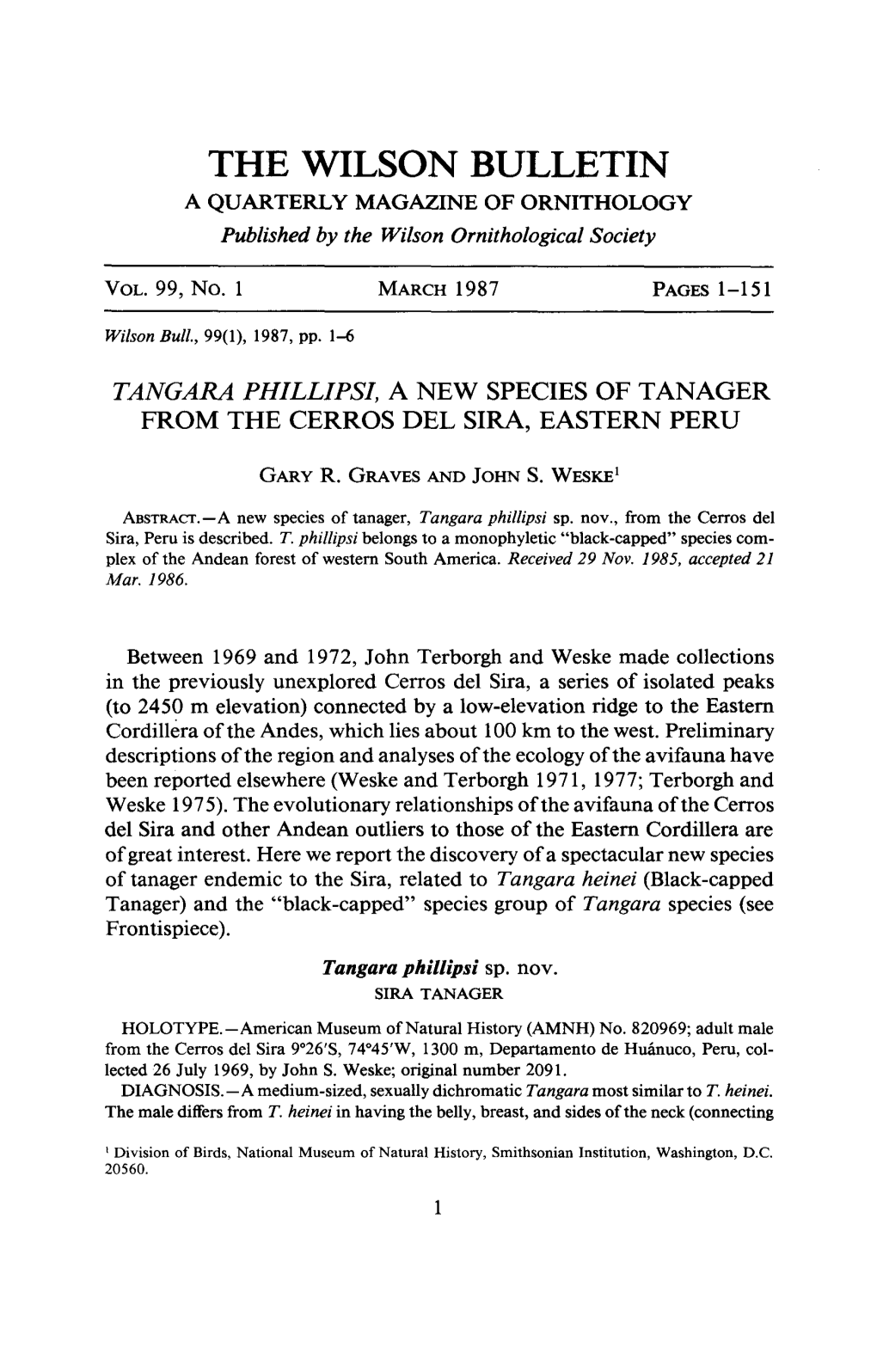 Tangara Phillipsi, a New Species of Tanager from the Cerros Del Sira, Eastern Peru