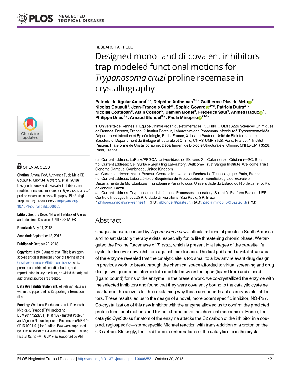 Designed Mono- and Di-Covalent Inhibitors Trap Modeled Functional Motions for Trypanosoma Cruzi Proline Racemase in Crystallography