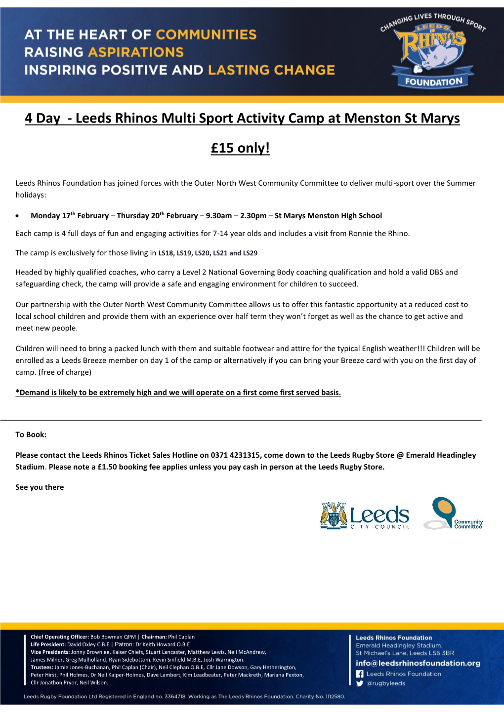 Leeds Rhinos Multi Sport Activity Camp at Menston St Marys £15 Only!