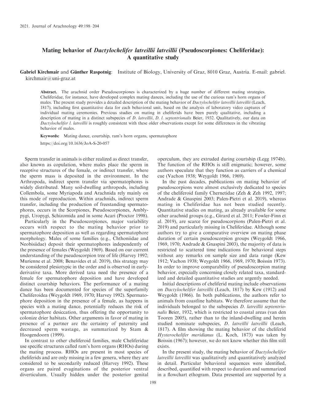 Mating Behavior of Dactylochelifer Latreillii Latreillii (Pseudoscorpiones: Cheliferidae): a Quantitative Study