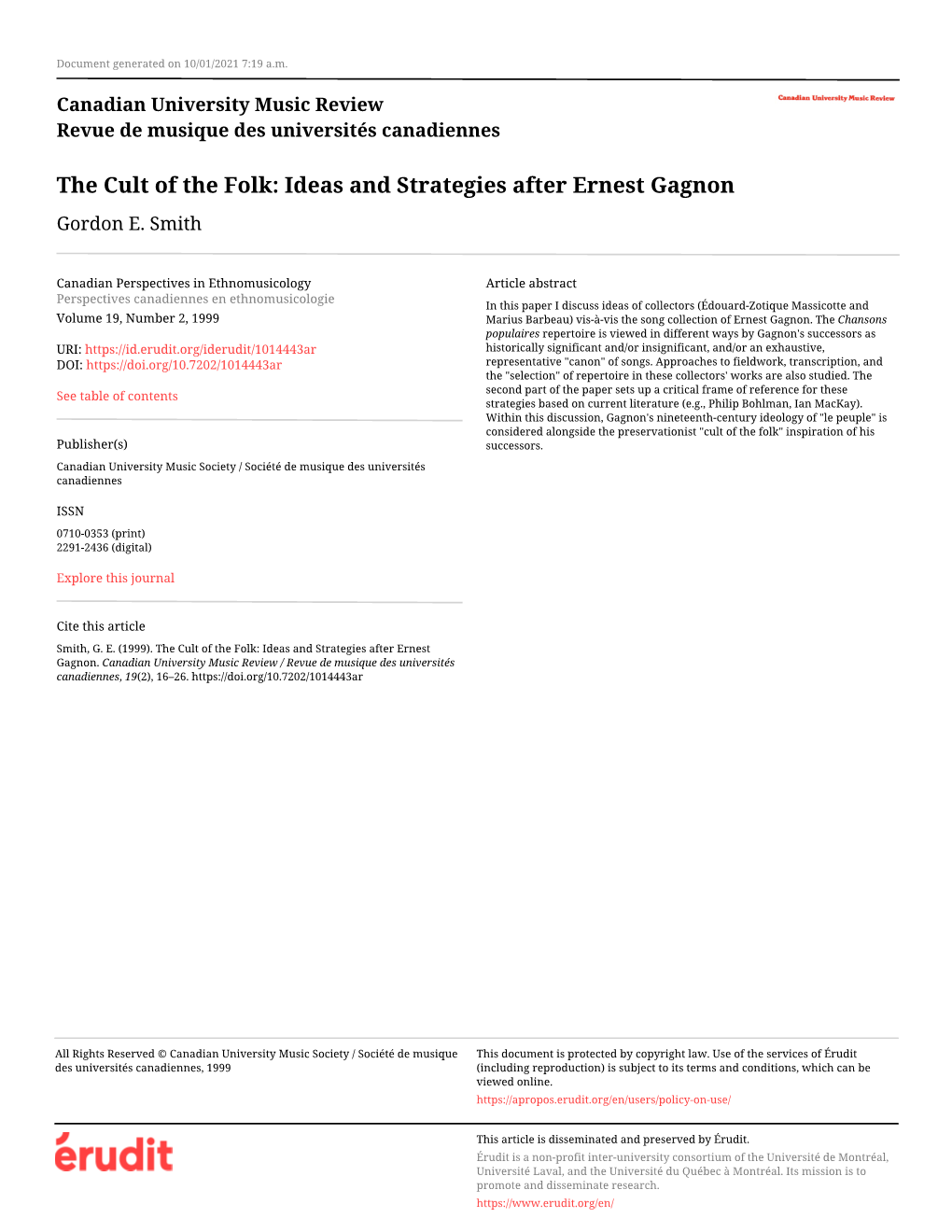 The Cult of the Folk: Ideas and Strategies After Ernest Gagnon Gordon E