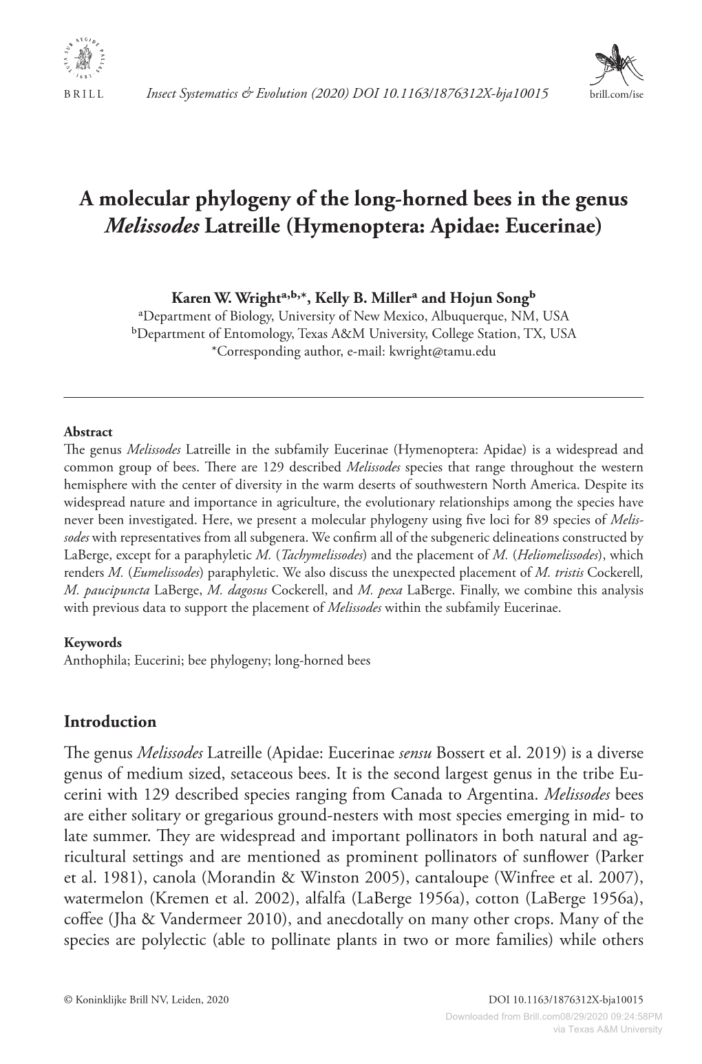 A Molecular Phylogeny of the Long-Horned Bees in the Genus Melissodes Latreille (Hymenoptera: Apidae: Eucerinae)