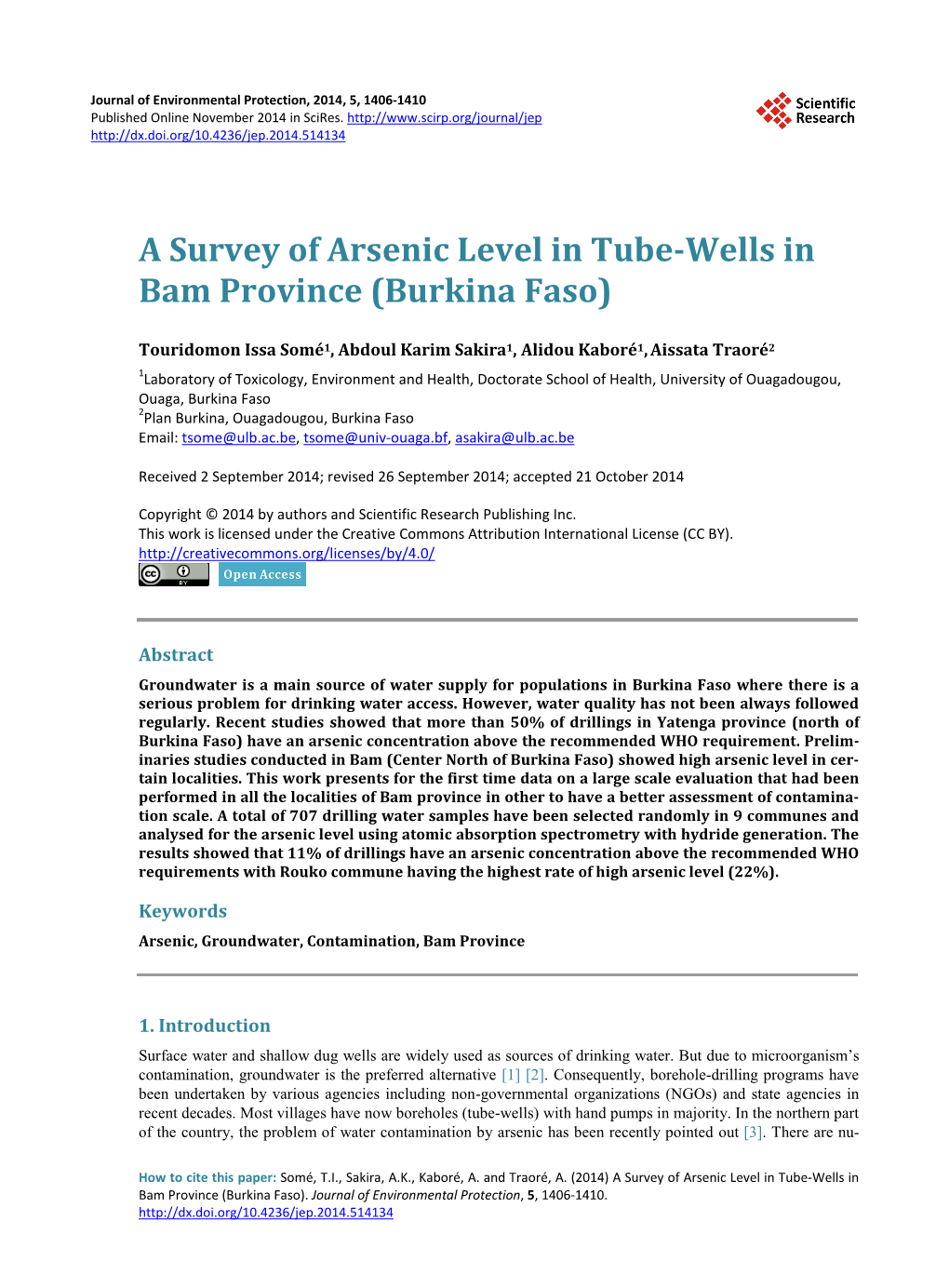 A Survey of Arsenic Level in Tube-Wells in Bam Province (Burkina Faso)