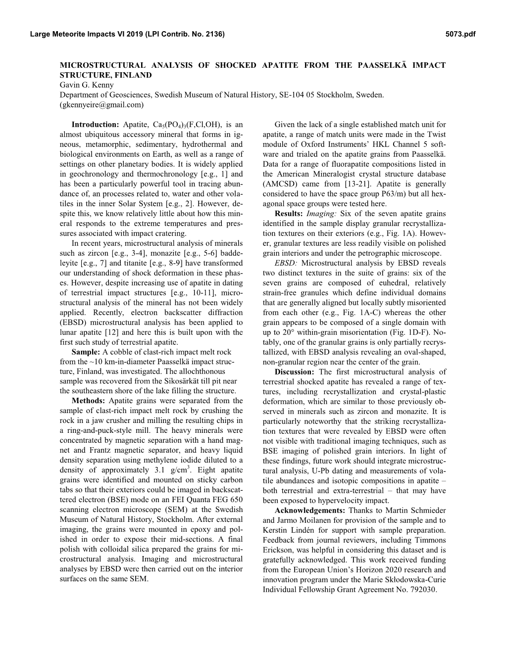 MICROSTRUCTURAL ANALYSIS of SHOCKED APATITE from the PAASSELKÄ IMPACT STRUCTURE, FINLAND Gavin G