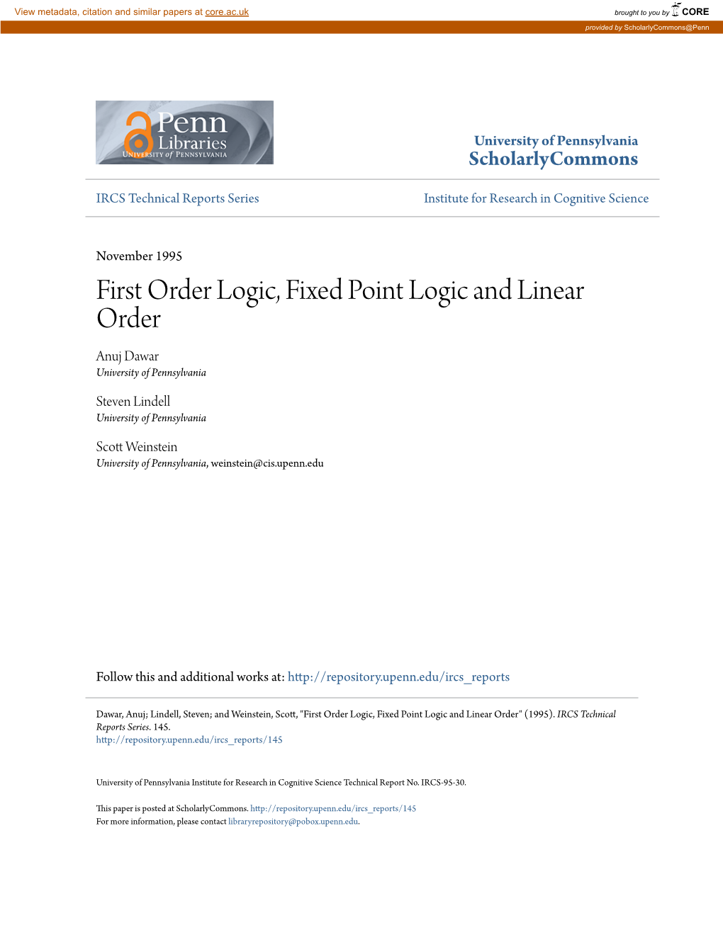 First Order Logic, Fixed Point Logic and Linear Order Anuj Dawar University of Pennsylvania