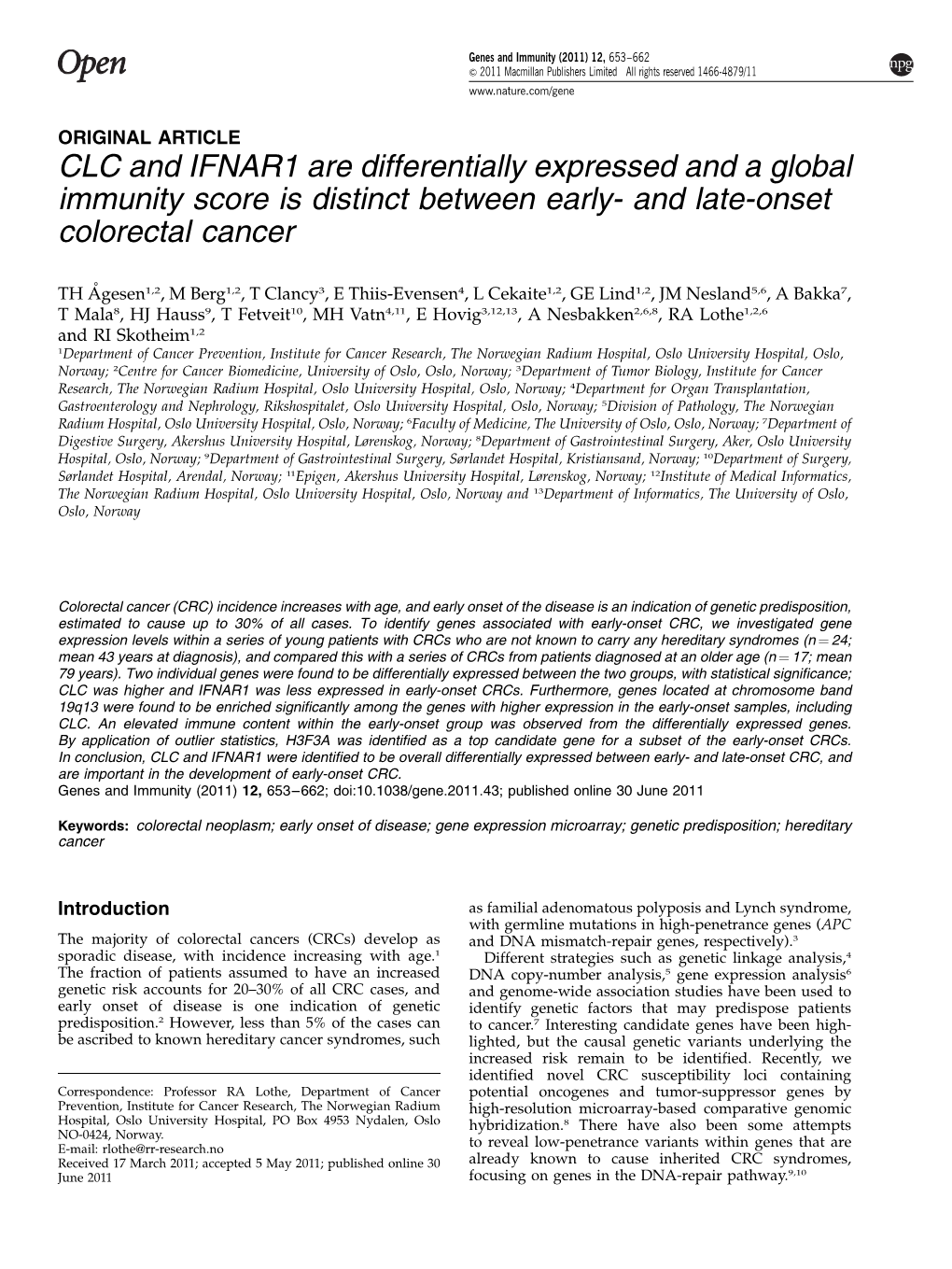 CLC and IFNAR1 Are Differentially Expressed and a Global Immunity Score Is Distinct Between Early- and Late-Onset Colorectal Cancer