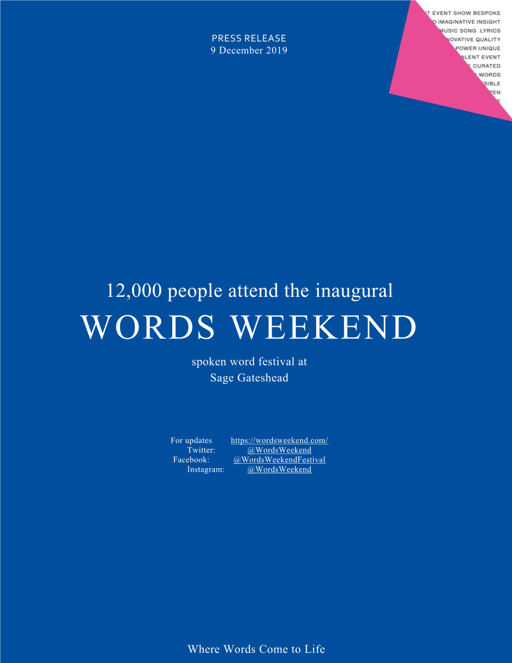 'Words Weekend' Festival at Sage Gateshead