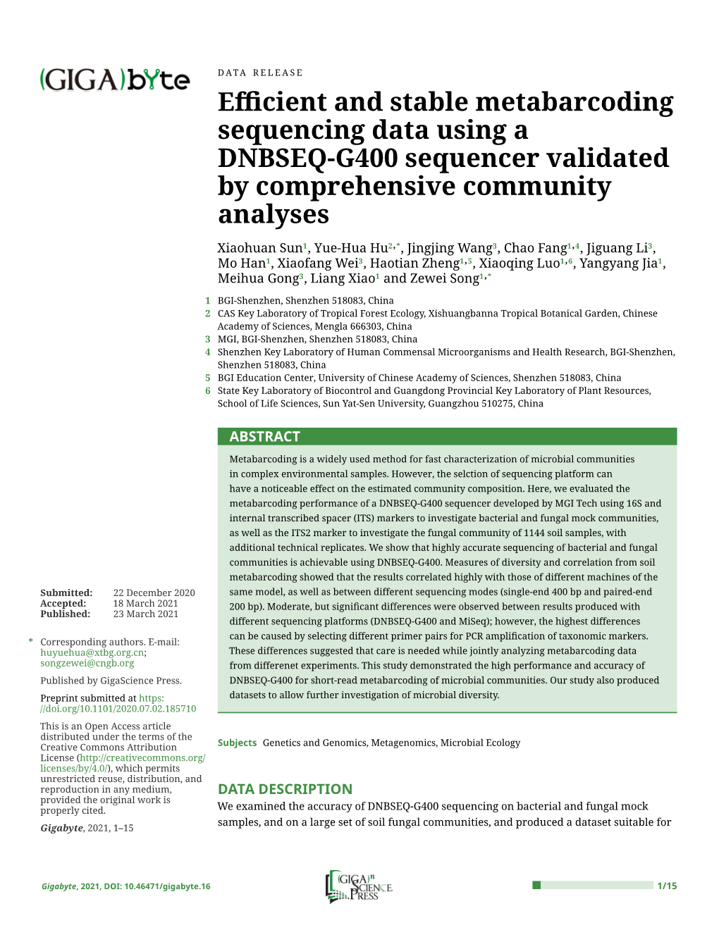 Efficient and Stable Metabarcoding Sequencing Data Using a DNBSEQ-G400 Sequencer Validated by Comprehensive Community Analyses