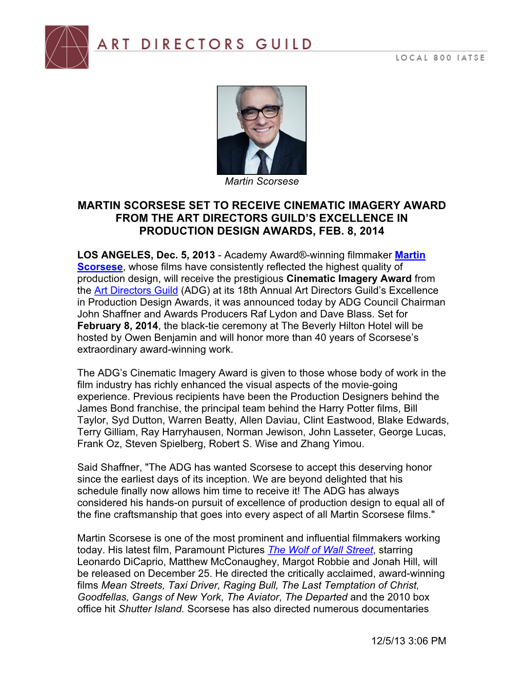 Martin Scorsese Set to Receive Cinematic Imagery Award from the Art Directors Guild’S Excellence in Production Design Awards, Feb