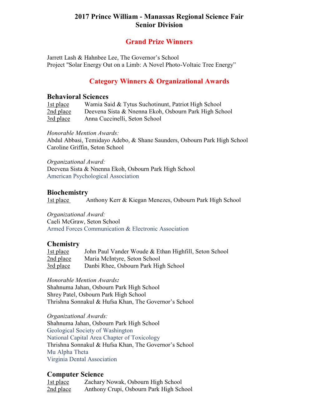 2017 Prince William - Manassas Regional Science Fair Senior Division