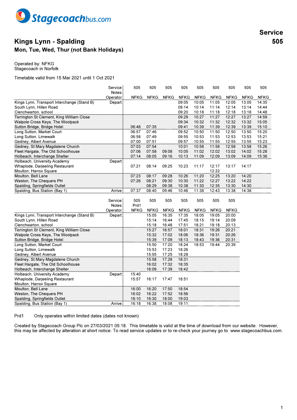 Service Kings Lynn - Spalding 505 Mon, Tue, Wed, Thur (Not Bank Holidays)