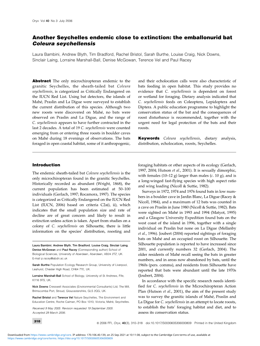 Another Seychelles Endemic Close to Extinction: the Emballonurid Bat Coleura Seychellensis