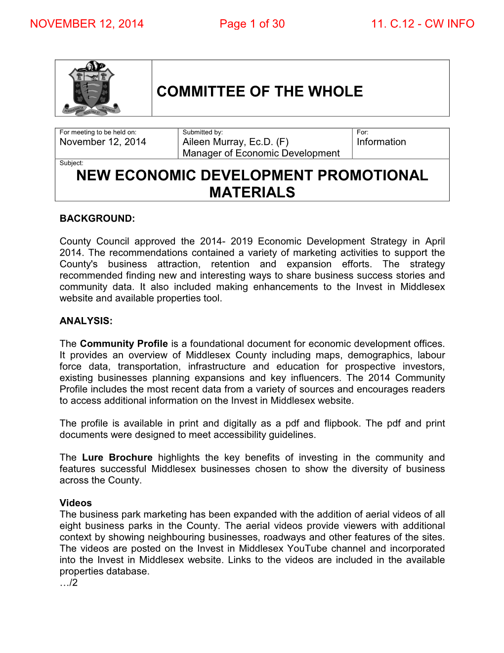 Committee of the Whole New Economic Development