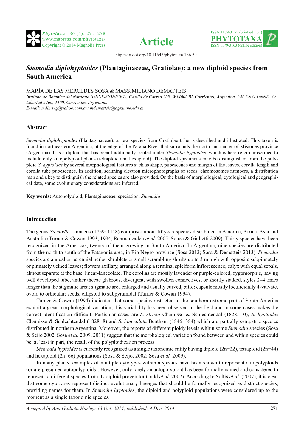 Stemodia Diplohyptoides (Plantaginaceae, Gratiolae): a New Diploid Species from South America