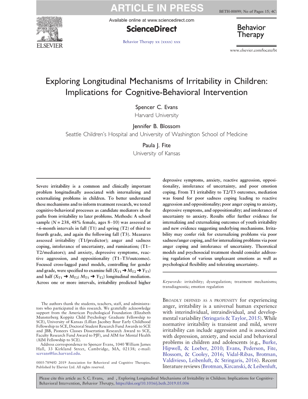 Exploring Longitudinal Mechanisms of Irritability in Children: Implications for Cognitive-Behavioral Intervention