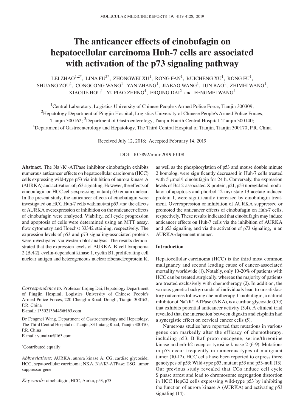 The Anticancer Effects of Cinobufagin on Hepatocellular Carcinoma Huh‑7 Cells Are Associated with Activation of the P73 Signaling Pathway