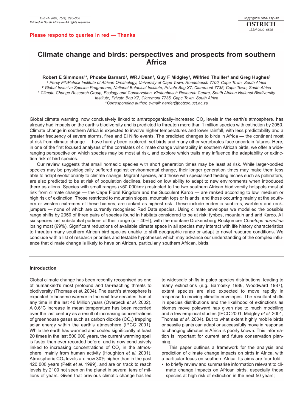 Climate Change and Birds: Perspectives and Prospects from Southern Africa