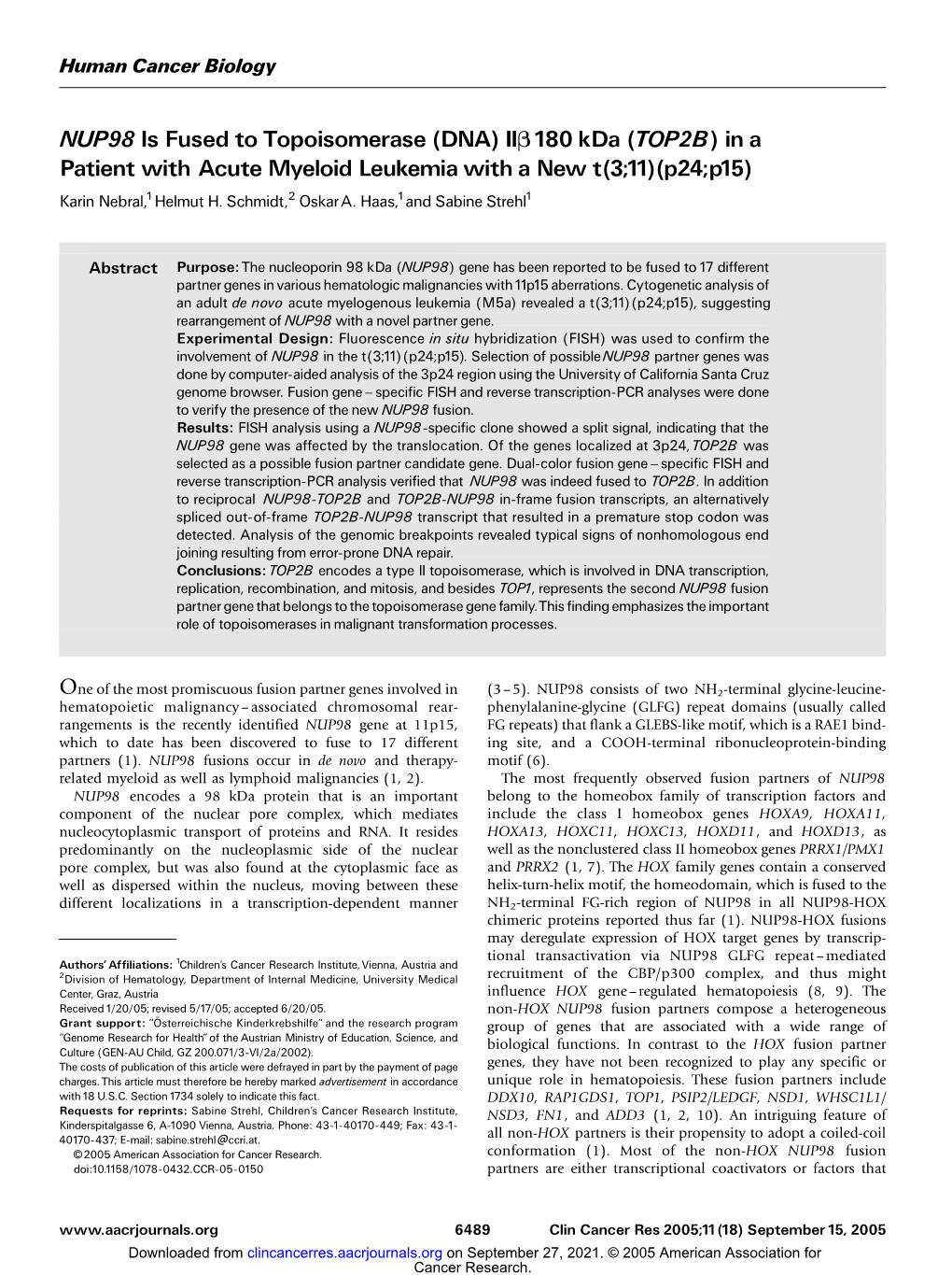 TOP2B)Ina Patient with Acute Myeloid Leukemia with a New T(3;11)(P24;P15) Karin Nebral,1Helmut H