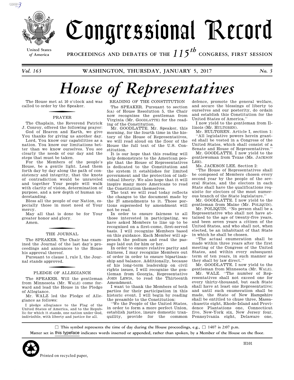 Congressional Record United States Th of America PROCEEDINGS and DEBATES of the 115 CONGRESS, FIRST SESSION